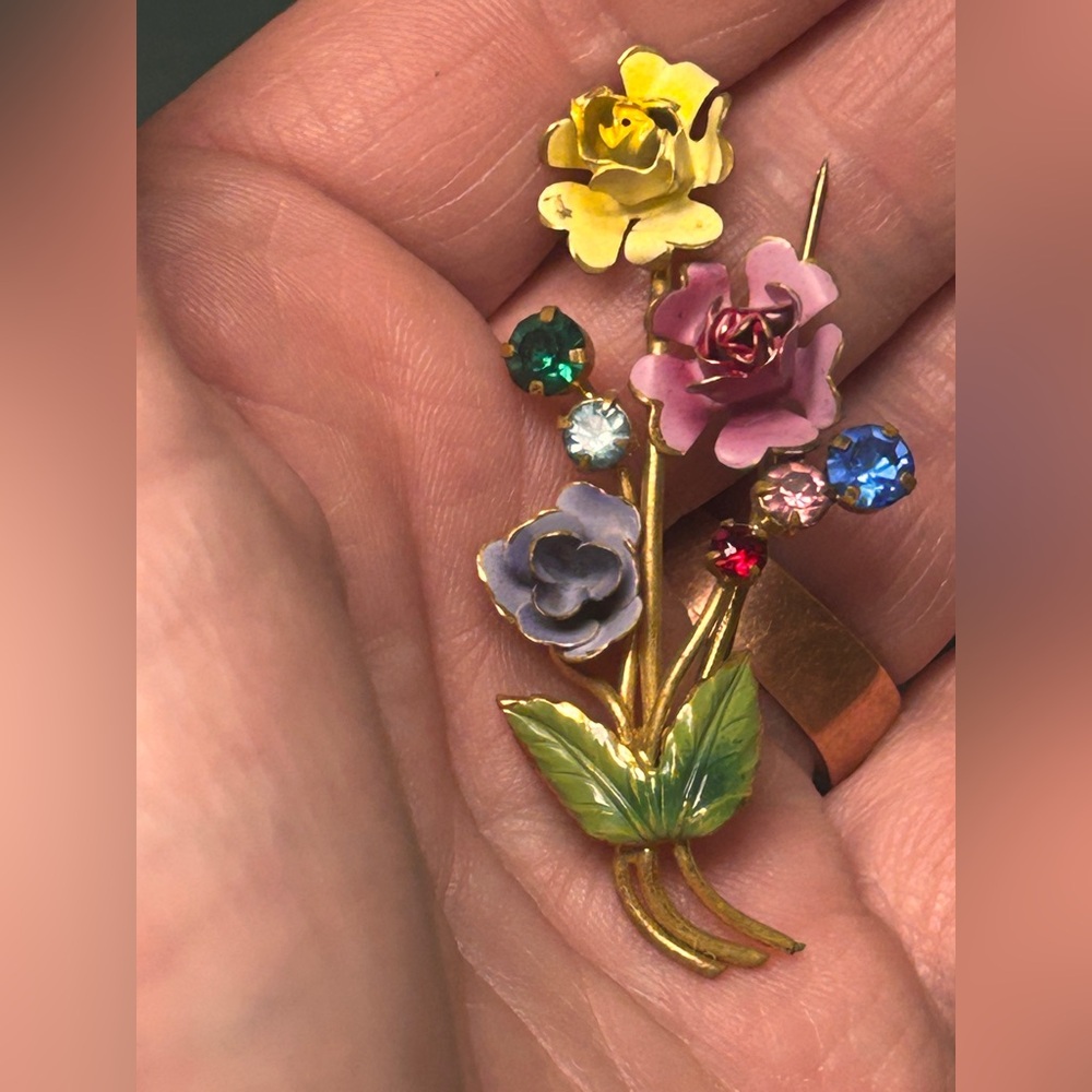 Vintage Austrian enamel and rhinestone floral bouquet brooch and earring set